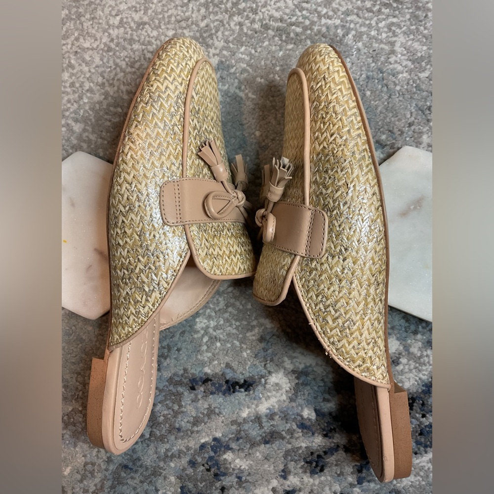 Coach Stassi Raffia Tassel Loafer Slides - Metallic Straw - Size 7N (BLEMISHES) - Picture 8 of 16